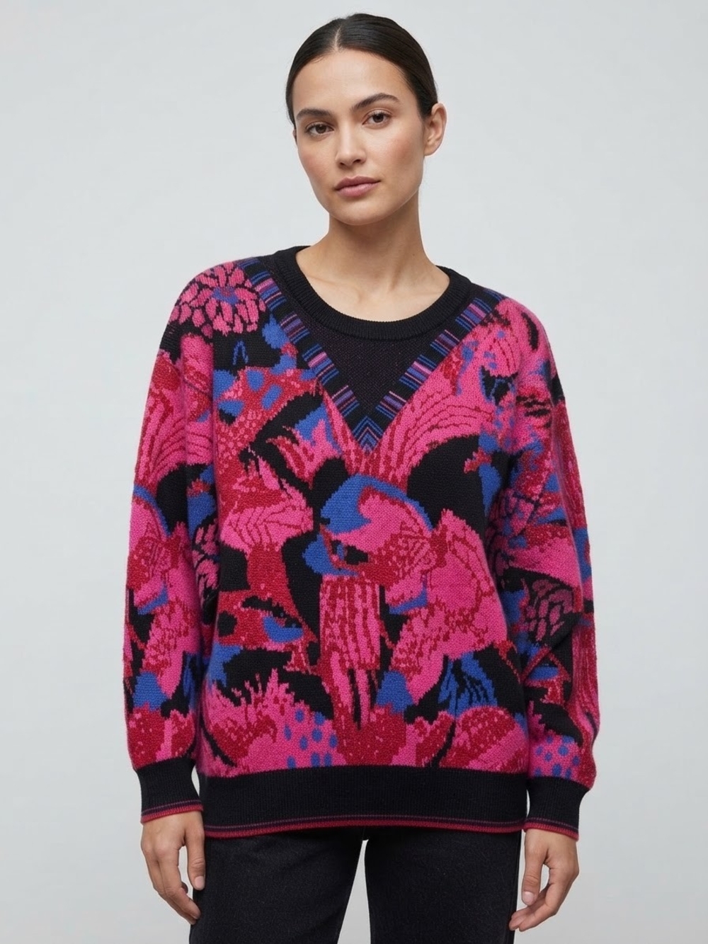 Lilli Sidonio Black Pink Blue Abstract Floral V-Neck Knit Sweater Small NWT